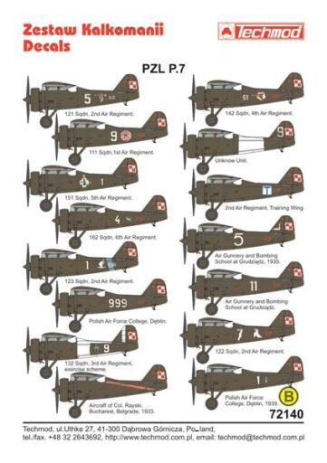 TCH72140 PZL P.7a kalkomania modelarska